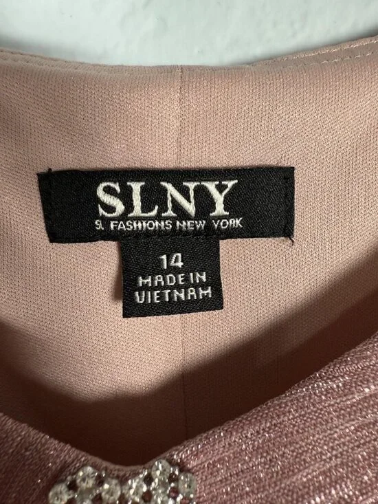 SLNY Tiered Metallic Shift Dress Womens 14 Faded Rose Flutter Sleeve Formal - Picture 5 of 10